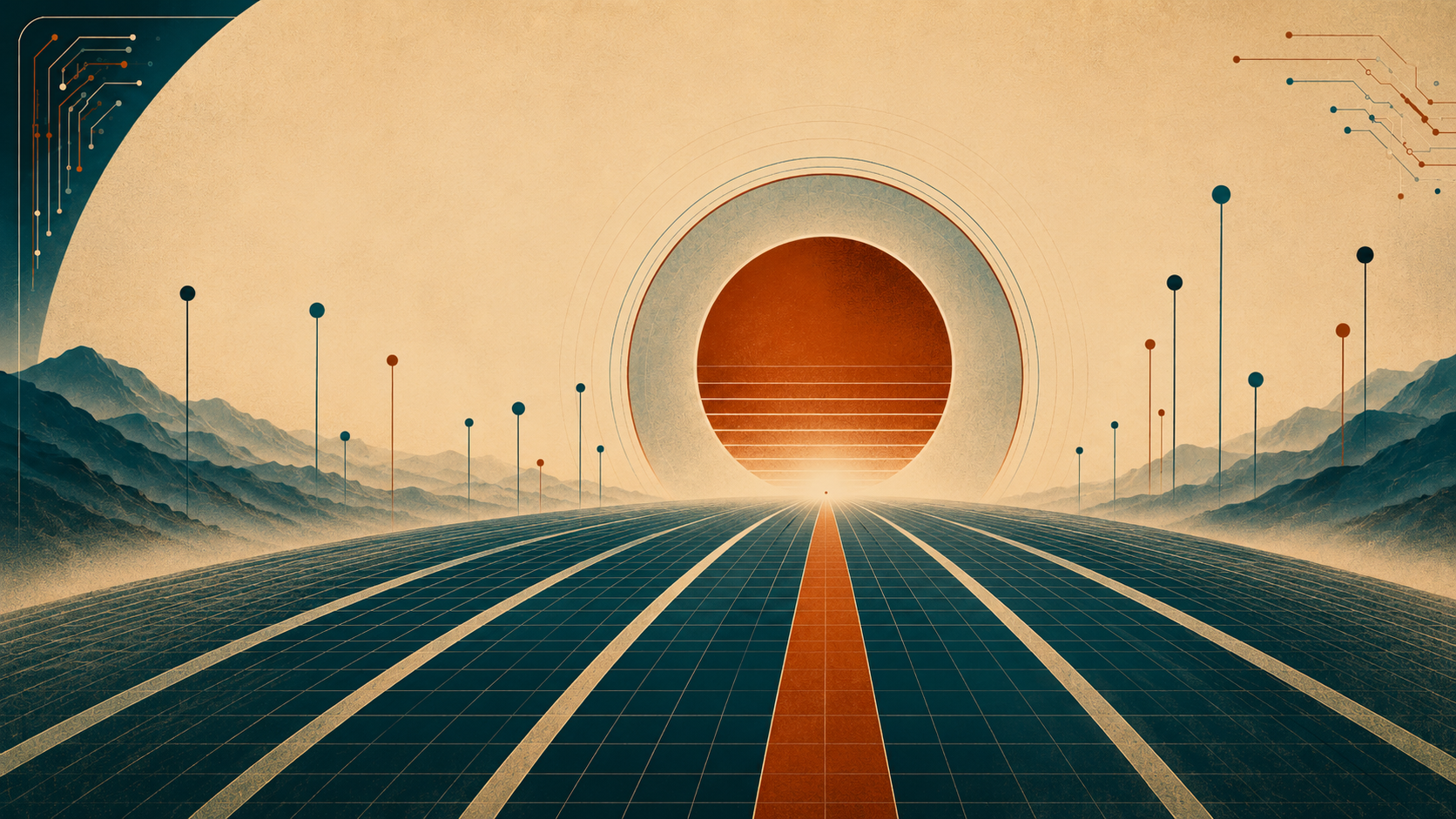 Ilustração retrofuturista de um portal circular sobre uma estrada em perspetiva